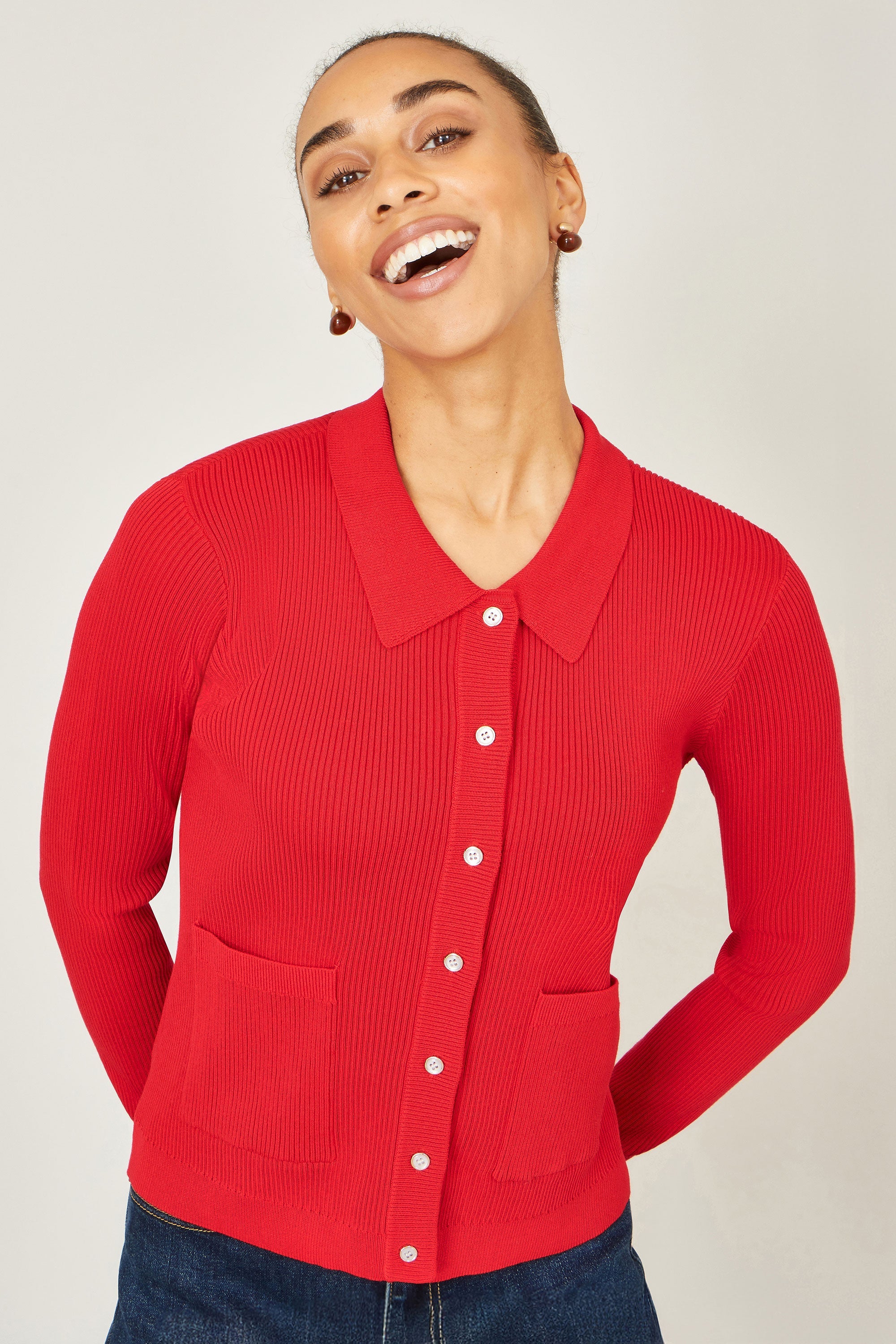 Yumi Red Ribbed Collar Button Up Cardigan