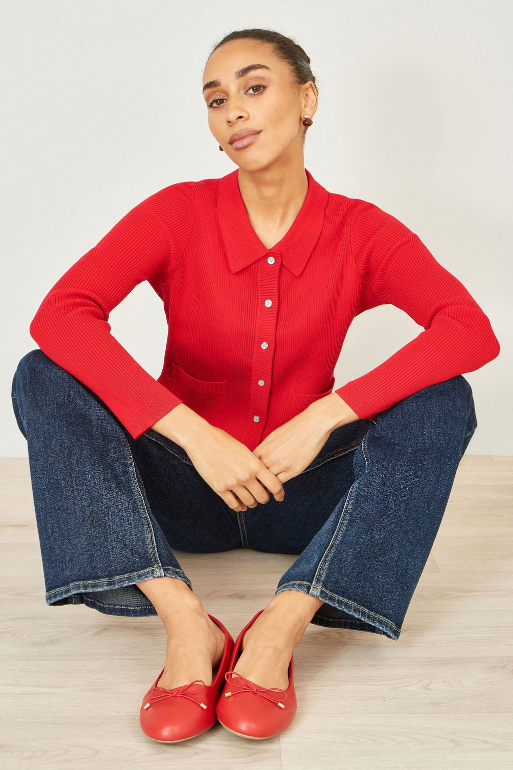 Yumi Red Ribbed Collar Button Up Cardigan