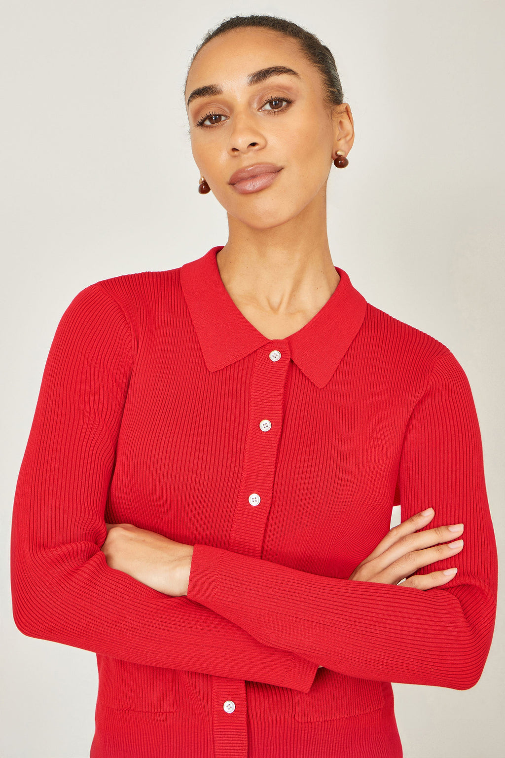 Yumi Red Ribbed Collar Button Up Cardigan