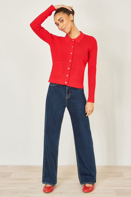 Yumi Red Ribbed Collar Button Up Cardigan - QHA UK