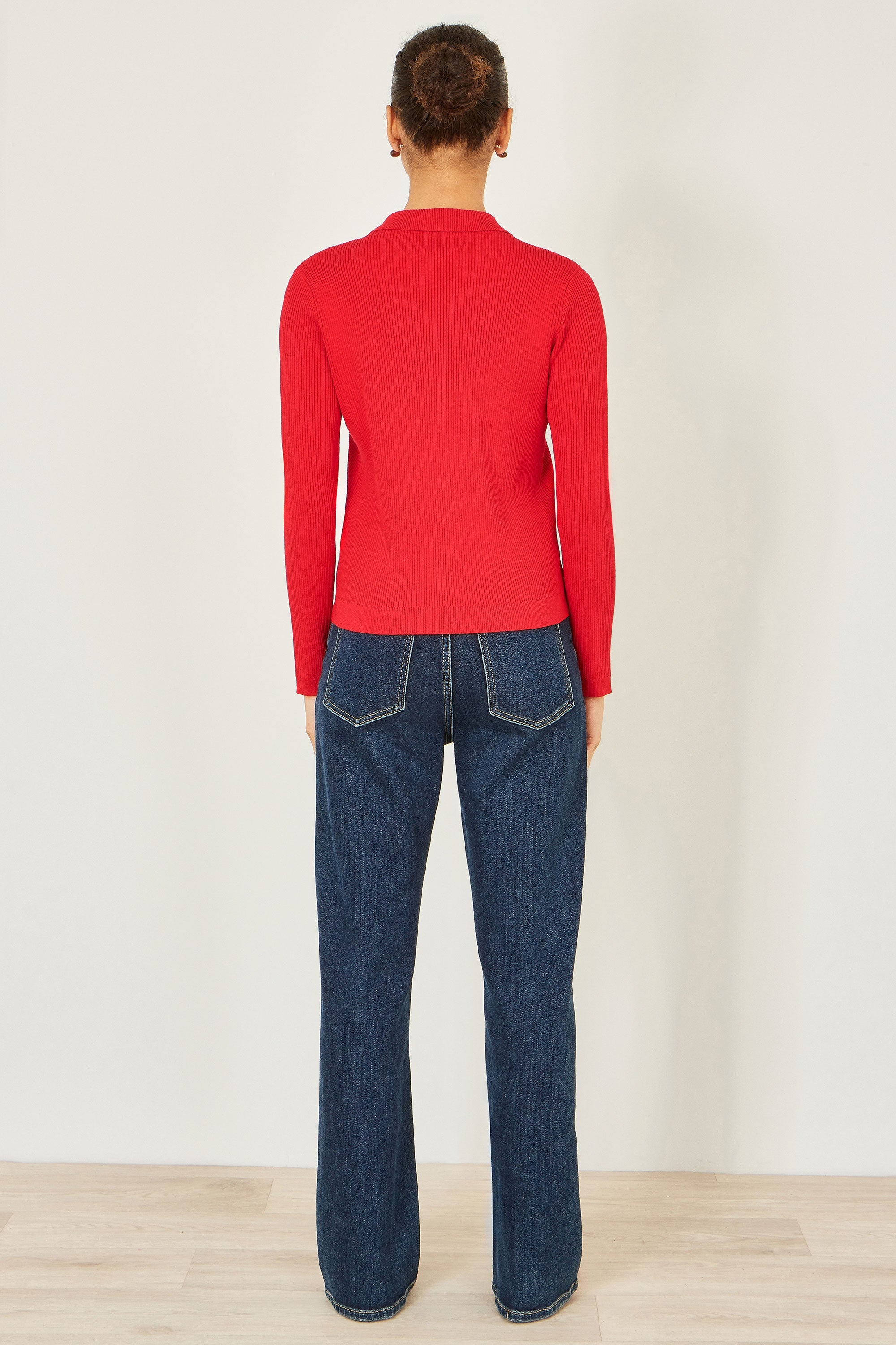 Yumi Red Ribbed Collar Button Up Cardigan