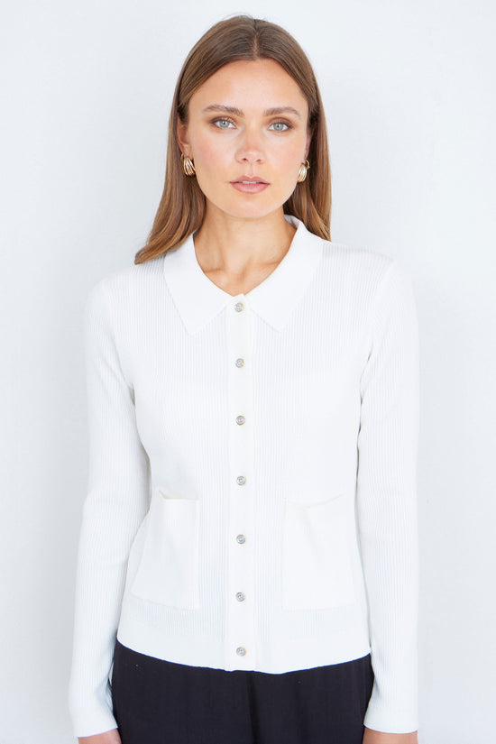 Yumi Ivory Ribbed Collar Button Up Cardigan - QHA UK