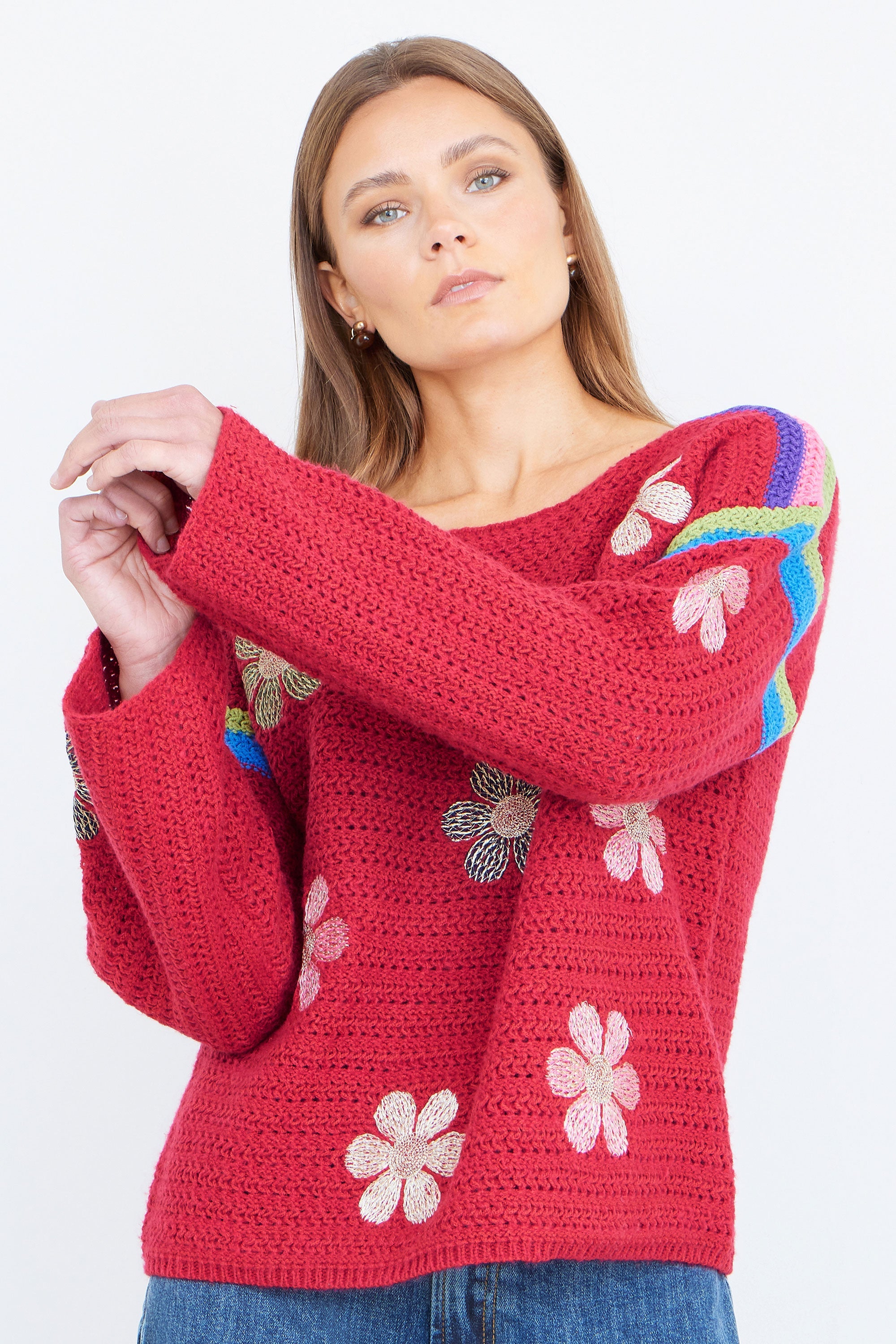 Yumi Red Crochet Flower Jumper