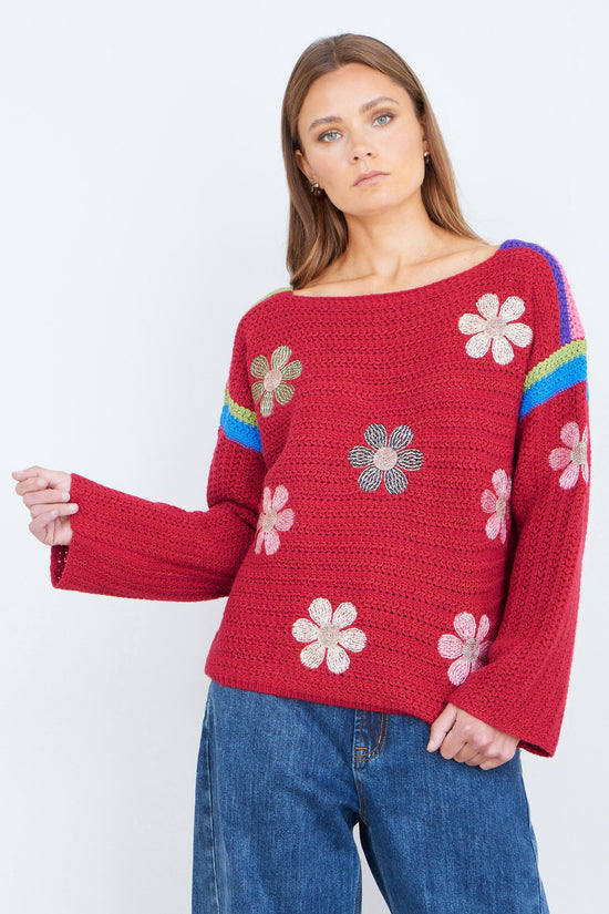 Yumi Red Crochet Flower Jumper - QHA UK