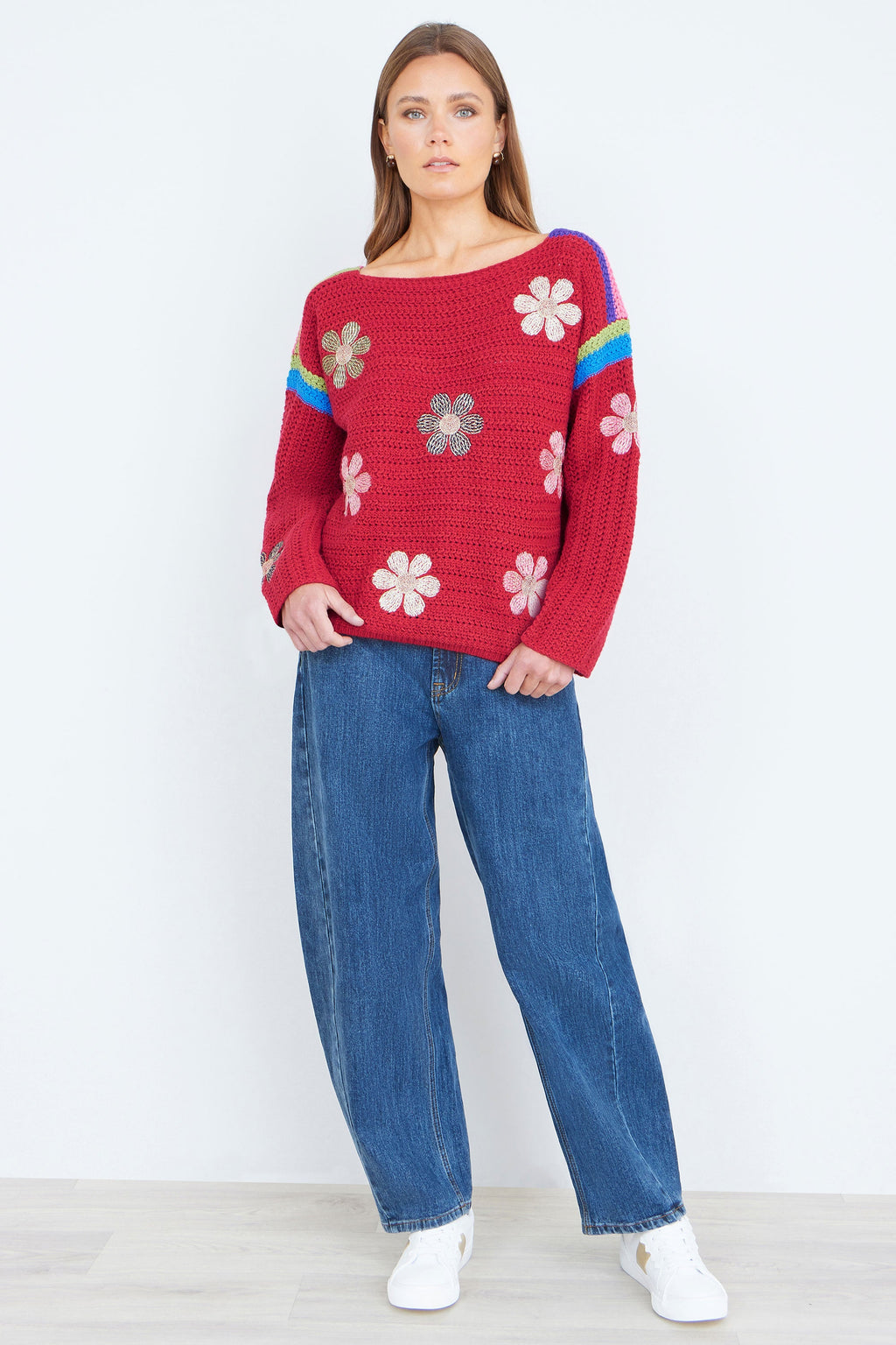 Yumi Red Crochet Flower Jumper