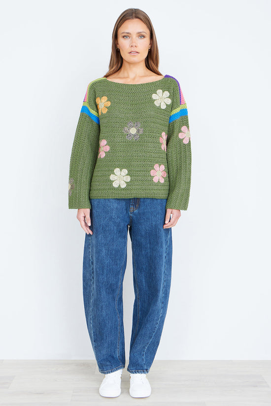 Yumi Green Crochet Flower Jumper - QHA UK