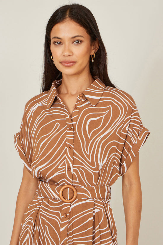 Yumi Brown Abstract Swirl Print Relaxed Midi Shirt Dress With Belt - QHA UK