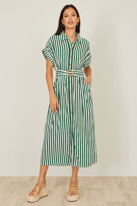 Yumi Green Stripe Print Relaxed Midi Shirt Dress With Belt - QHA UK