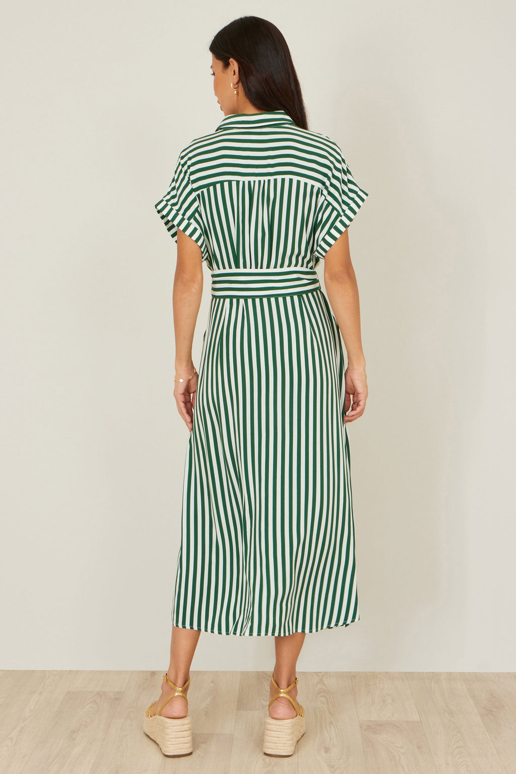 Yumi Green Stripe Print Relaxed Midi Shirt Dress With Belt
