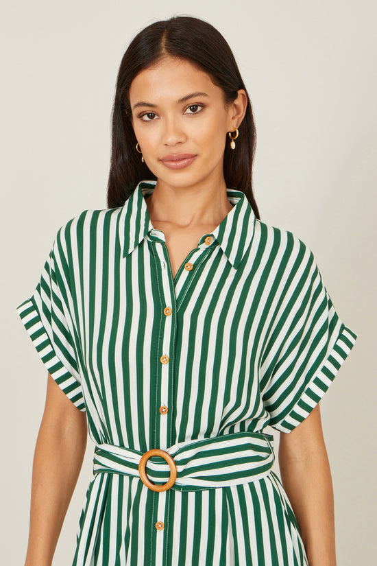 Yumi Green Stripe Print Relaxed Midi Shirt Dress With Belt - QHA UK