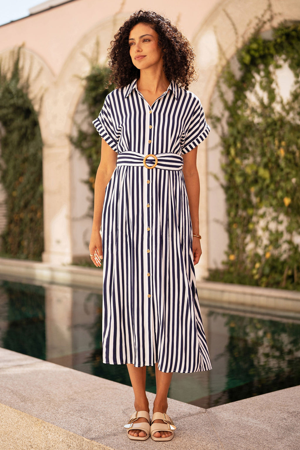 Yumi Navy Stripe Print Relaxed Midi Shirt Dress With Belt
