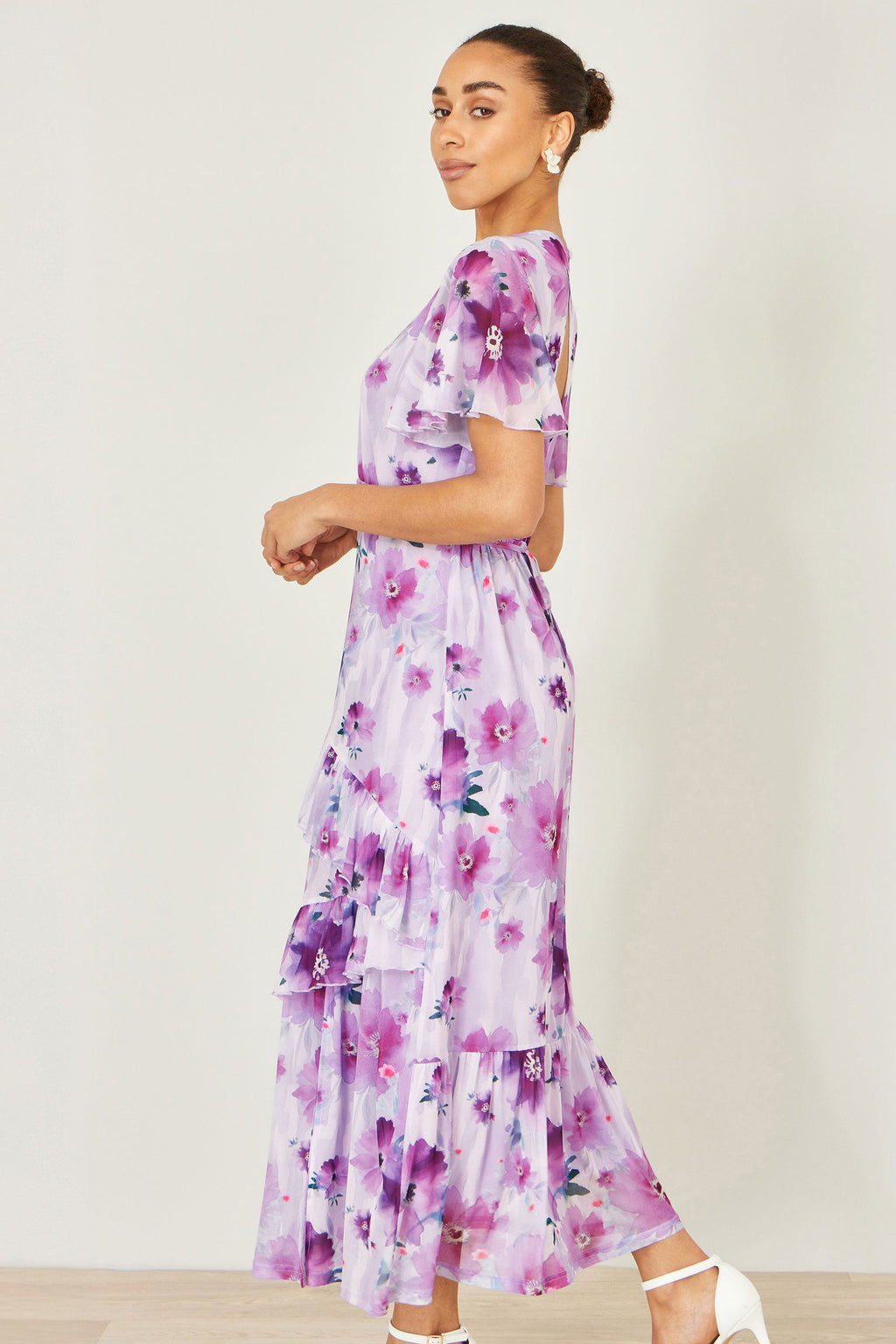 Yumi Lavender Floral Print Frill Midi Dress - QHA UK