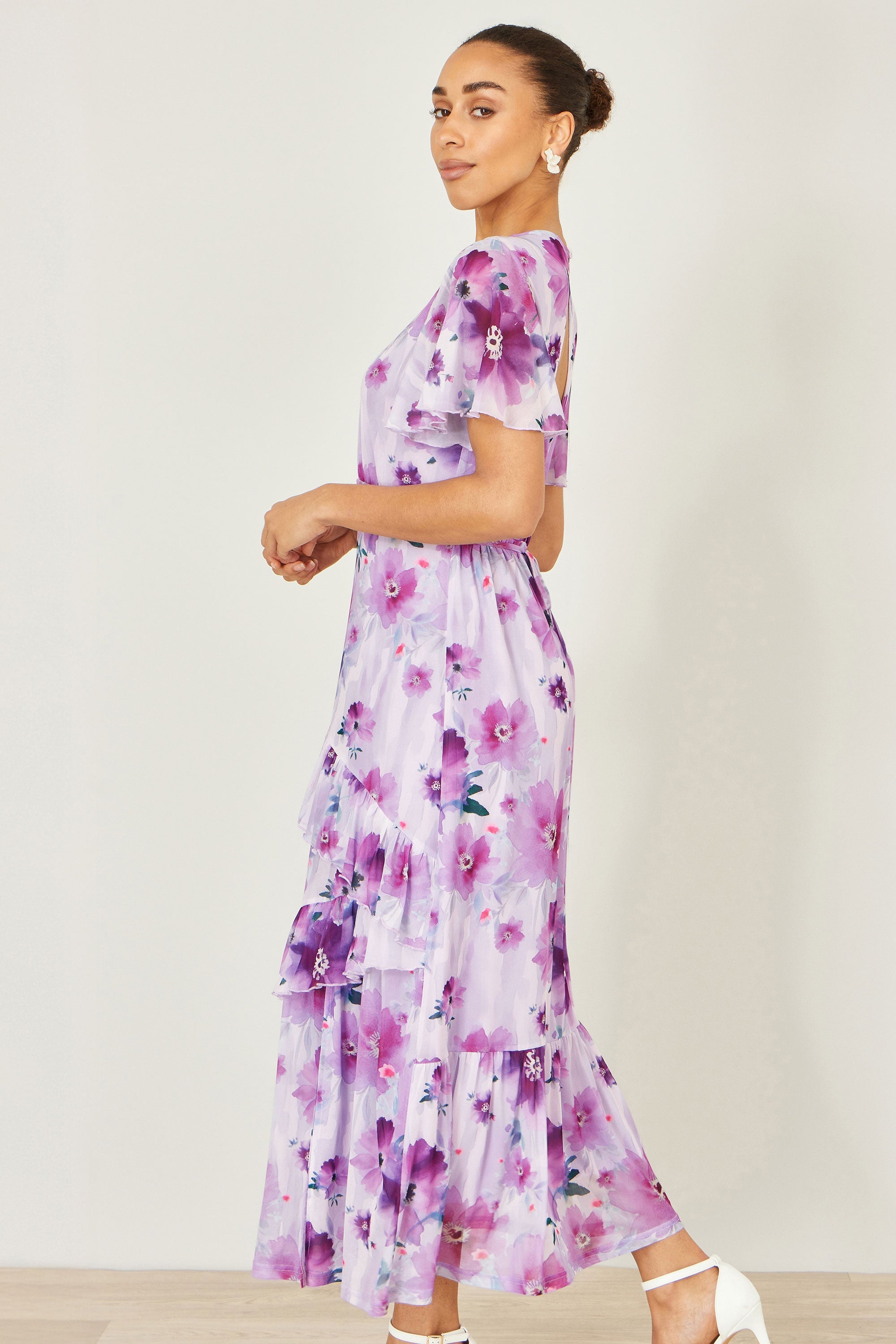 Yumi Lavender Floral Print Frill Midi Dress - QHA UK