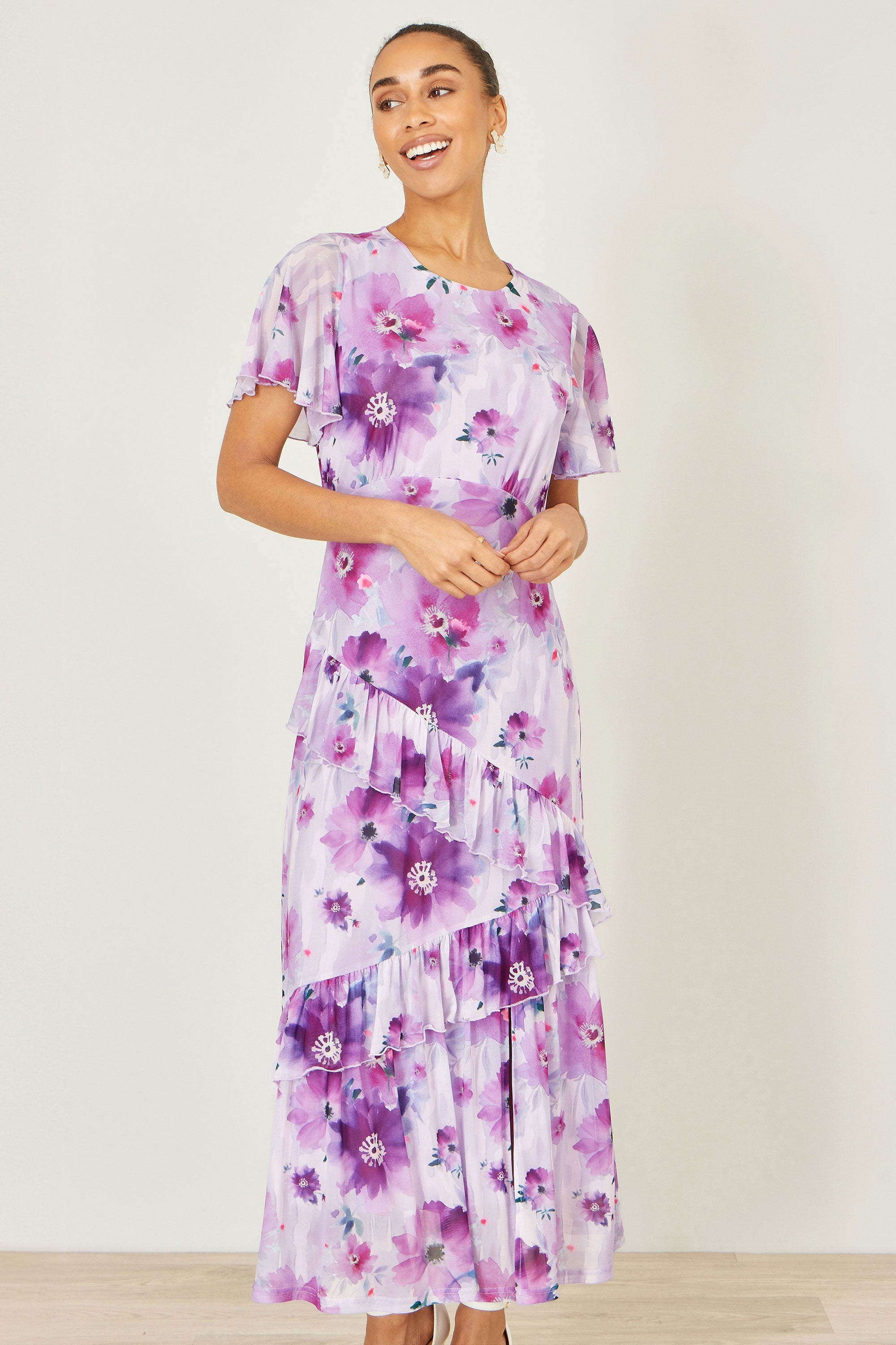 Yumi Lavender Floral Print Frill Midi Dress - QHA UK