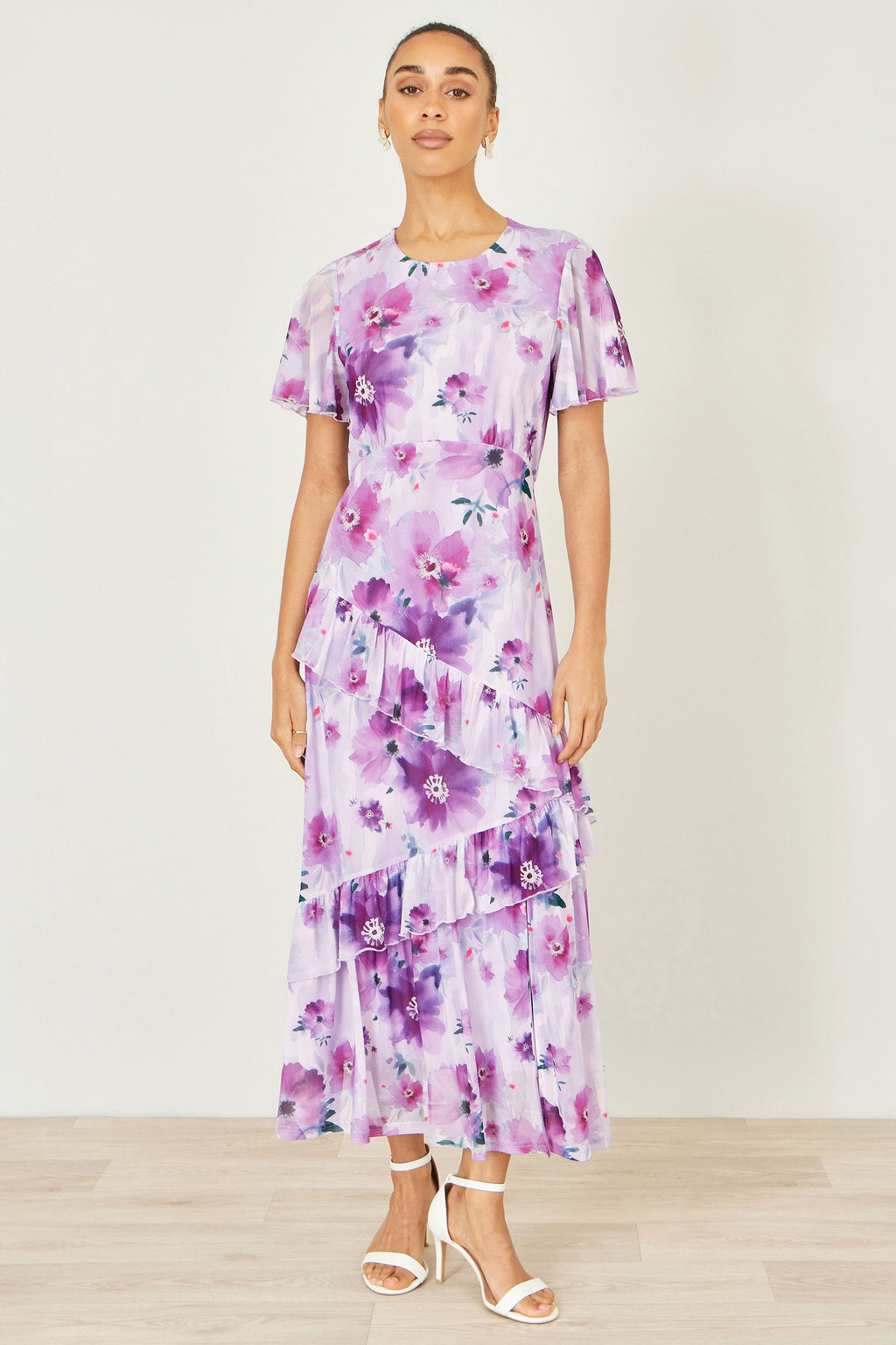 Yumi Lavender Floral Print Frill Midi Dress - QHA UK