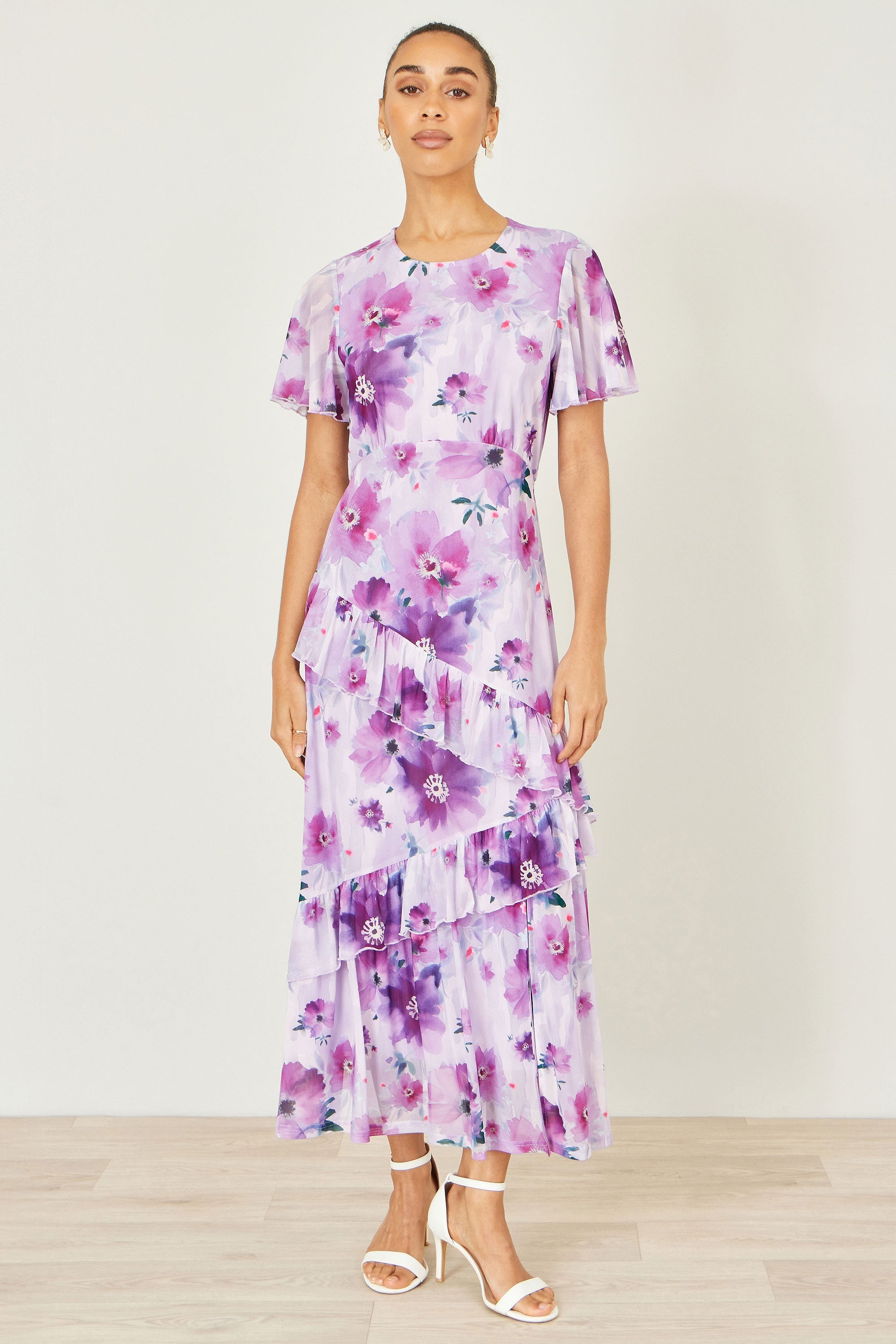 Yumi Lavender Floral Print Frill Midi Dress - QHA UK