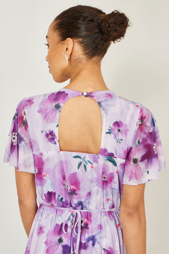 Yumi Lavender Floral Print Frill Midi Dress - QHA UK