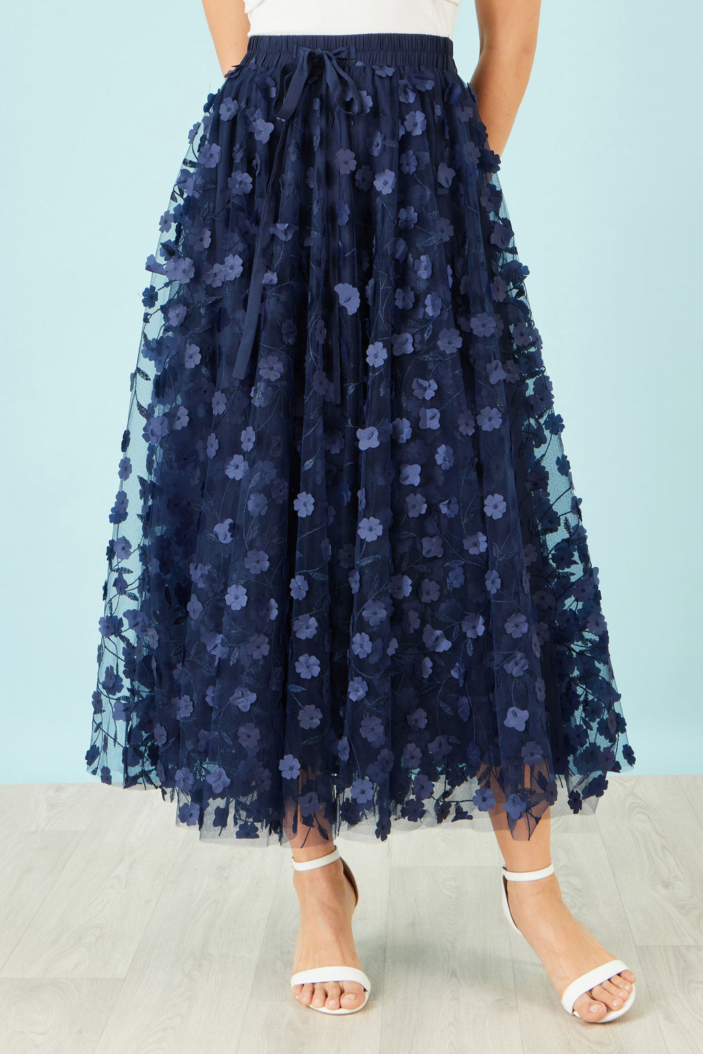 Yumi Navy Mesh Floral Applique Midi Skirt - QHA UK