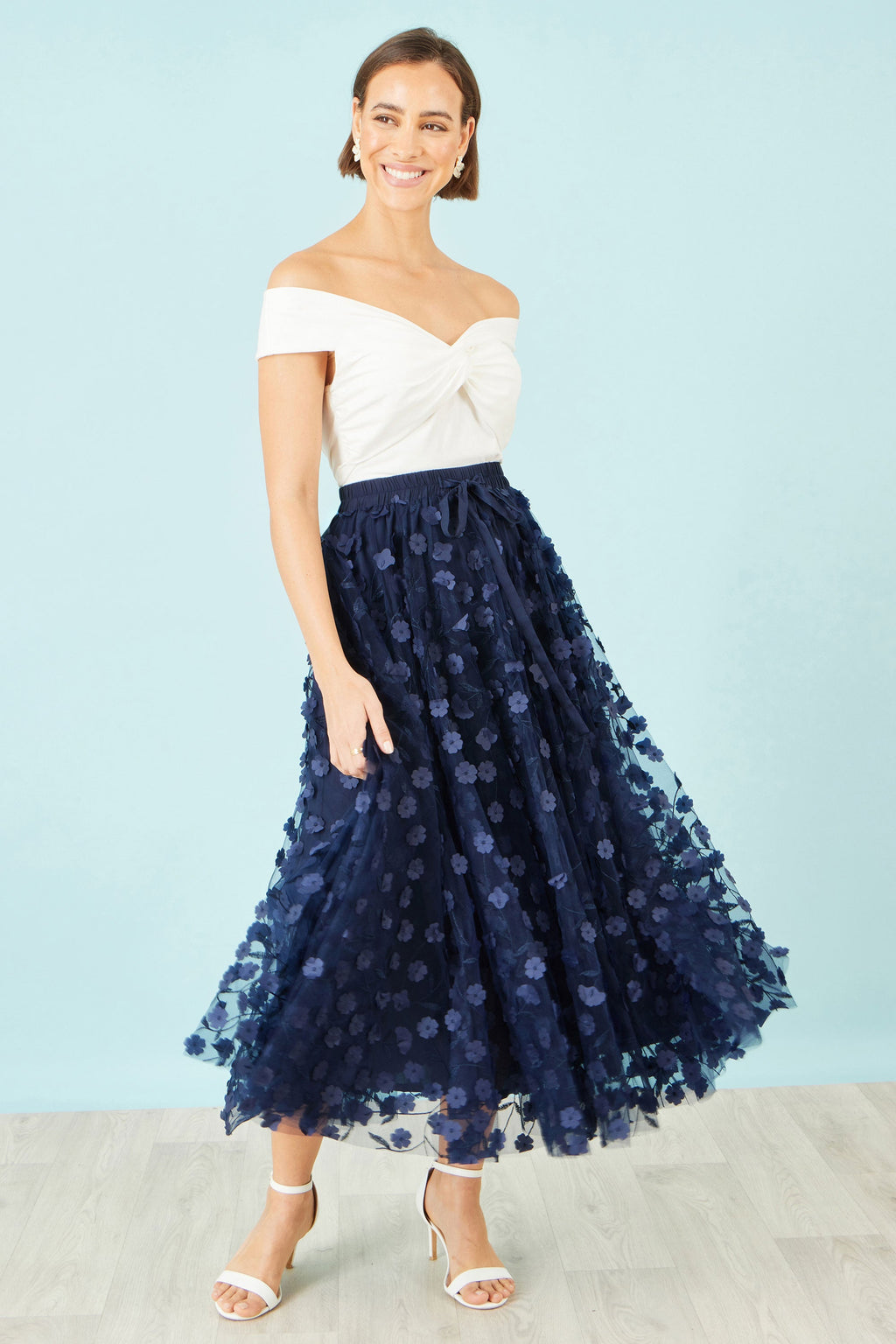 Yumi Navy Mesh Floral Applique Midi Skirt - QHA UK