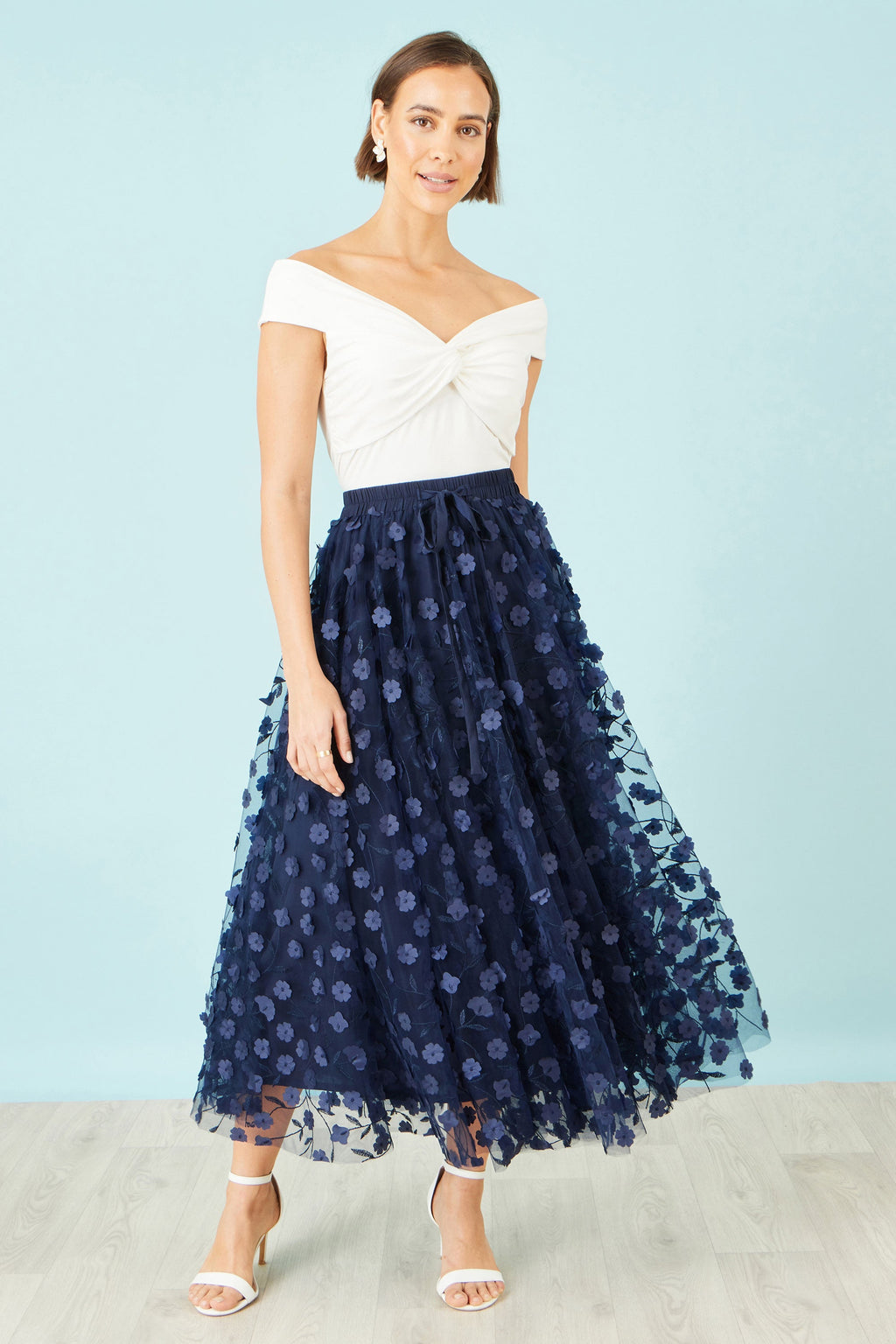 Yumi Navy Mesh Floral Applique Midi Skirt - QHA UK