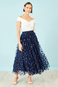 Yumi Navy Mesh Floral Applique Midi Skirt - QHA UK