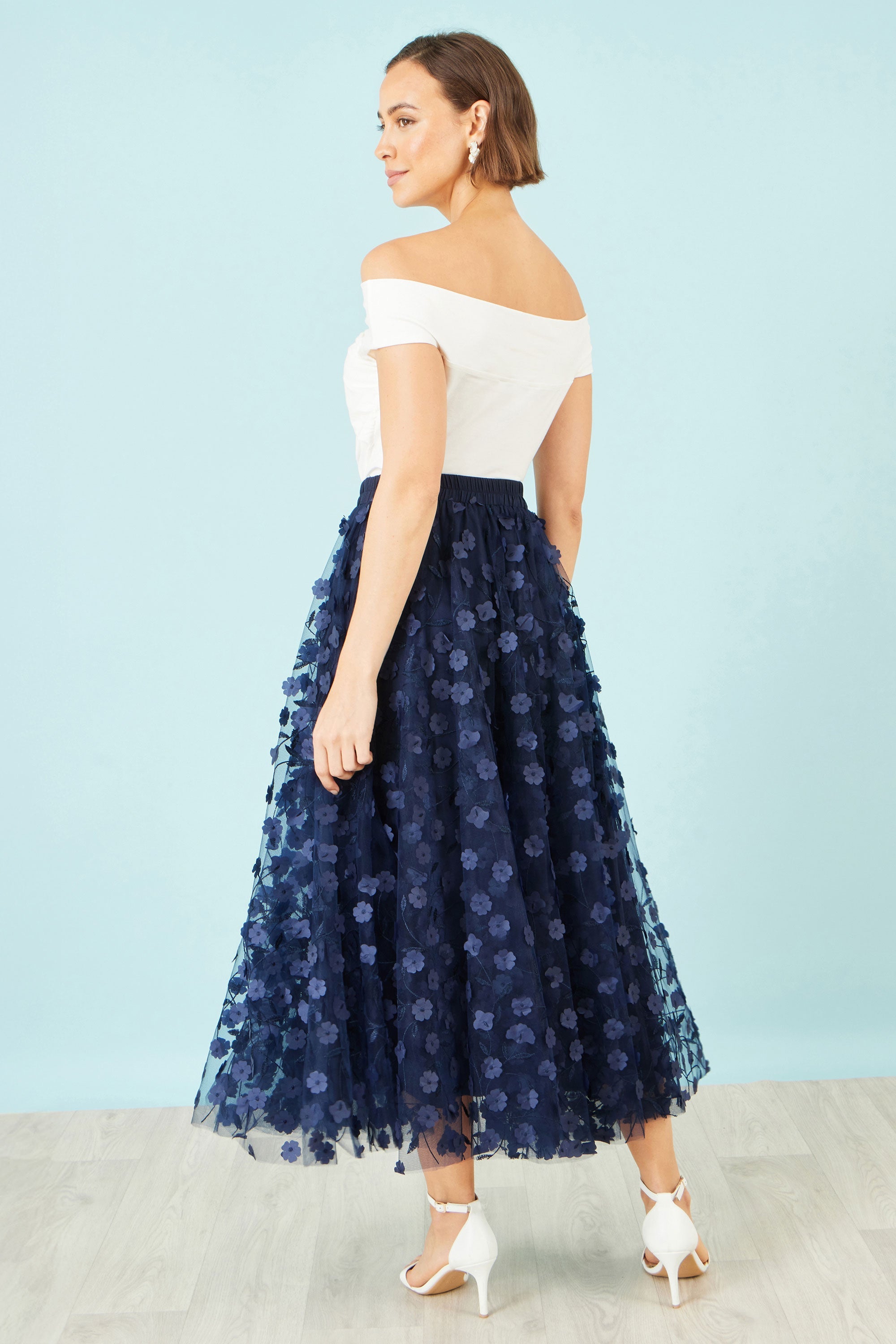 Yumi Navy Mesh Floral Applique Midi Skirt