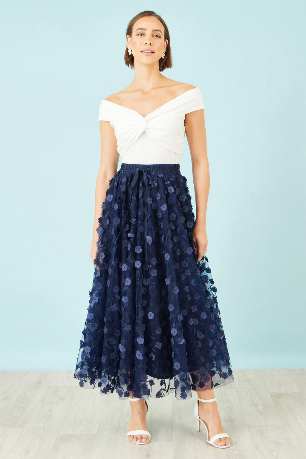 Yumi Navy Mesh Floral Applique Midi Skirt - QHA UK