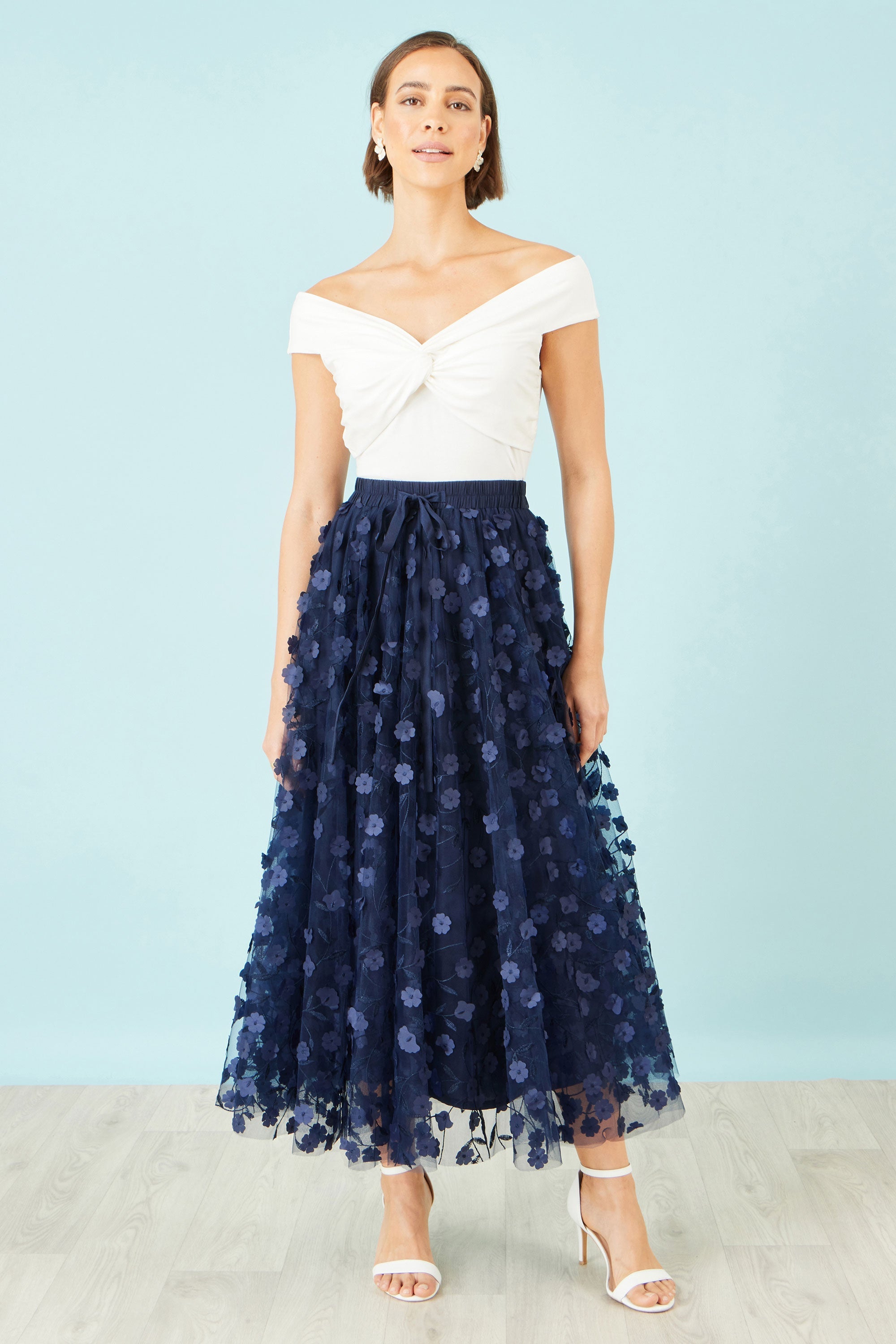 Yumi Navy Mesh Floral Applique Midi Skirt