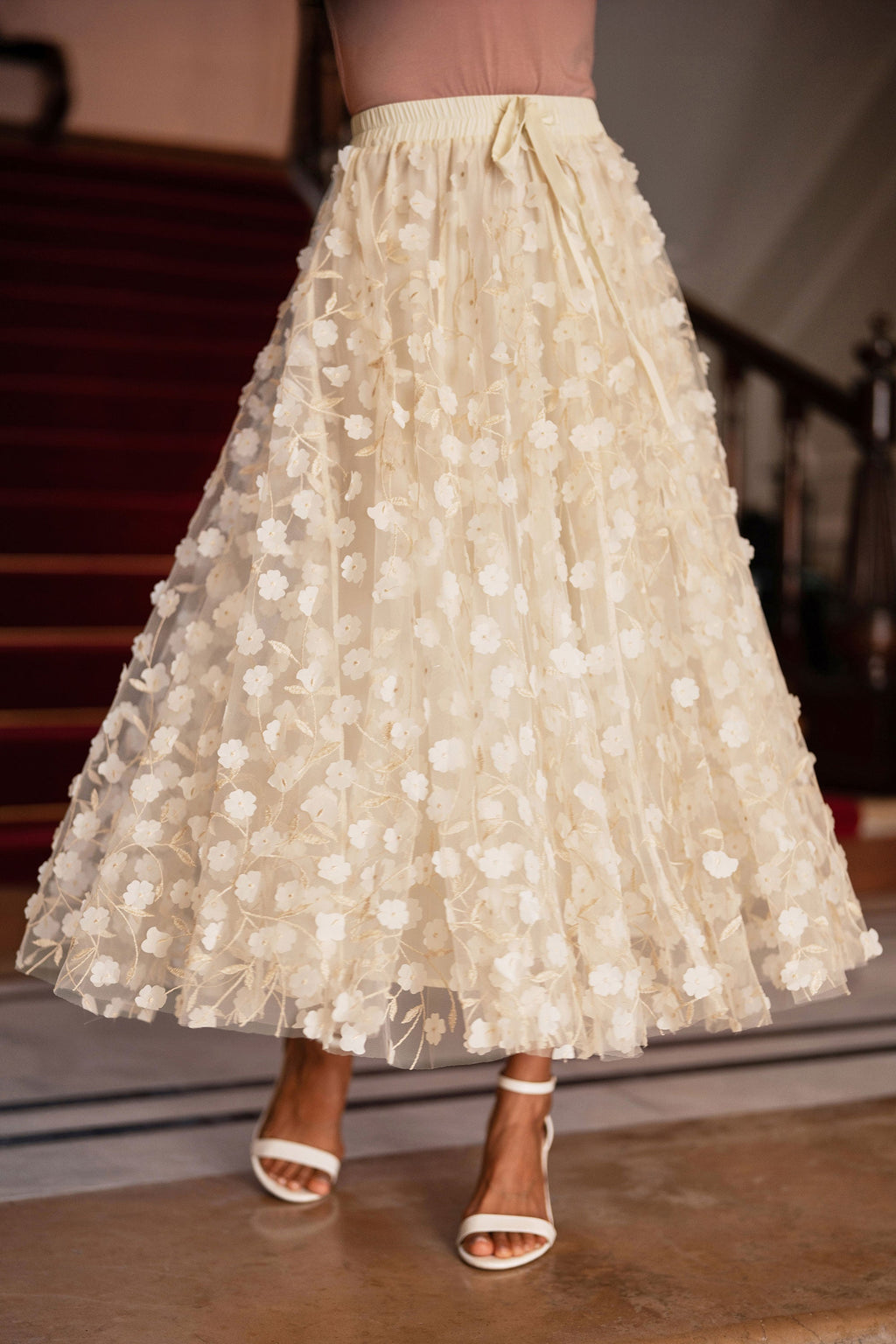 Yumi Ivory Mesh Floral Applique Midi Skirt - QHA UK