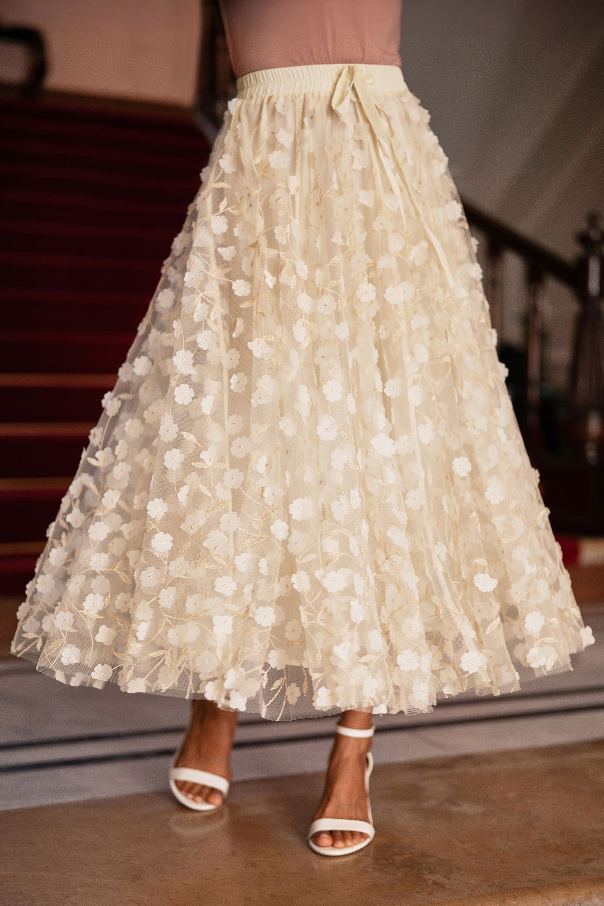 Yumi Ivory Mesh Floral Applique Midi Skirt