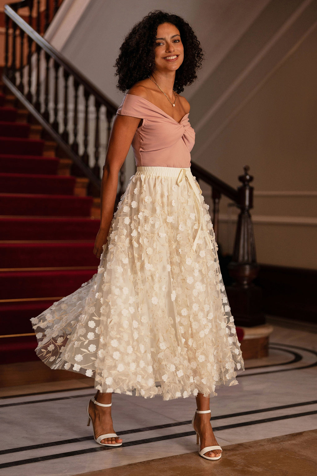 Yumi Ivory Mesh Floral Applique Midi Skirt - QHA UK
