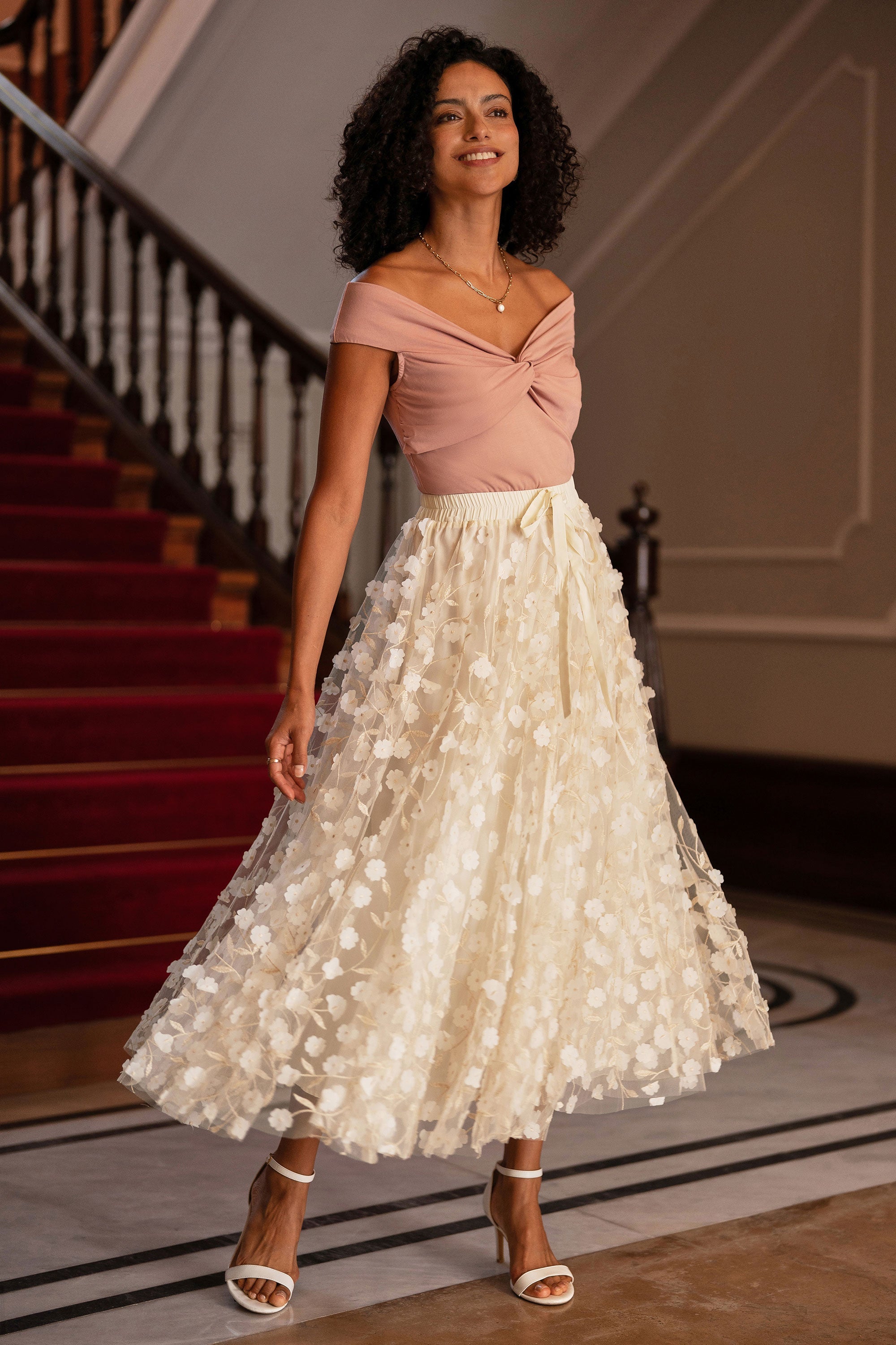 Yumi Ivory Mesh Floral Applique Midi Skirt