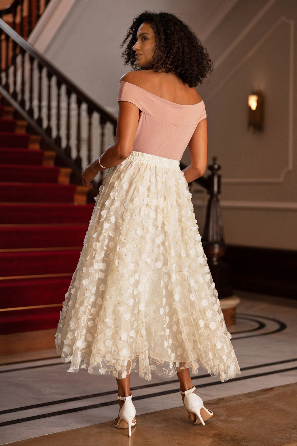 Yumi Ivory Mesh Floral Applique Midi Skirt - QHA UK
