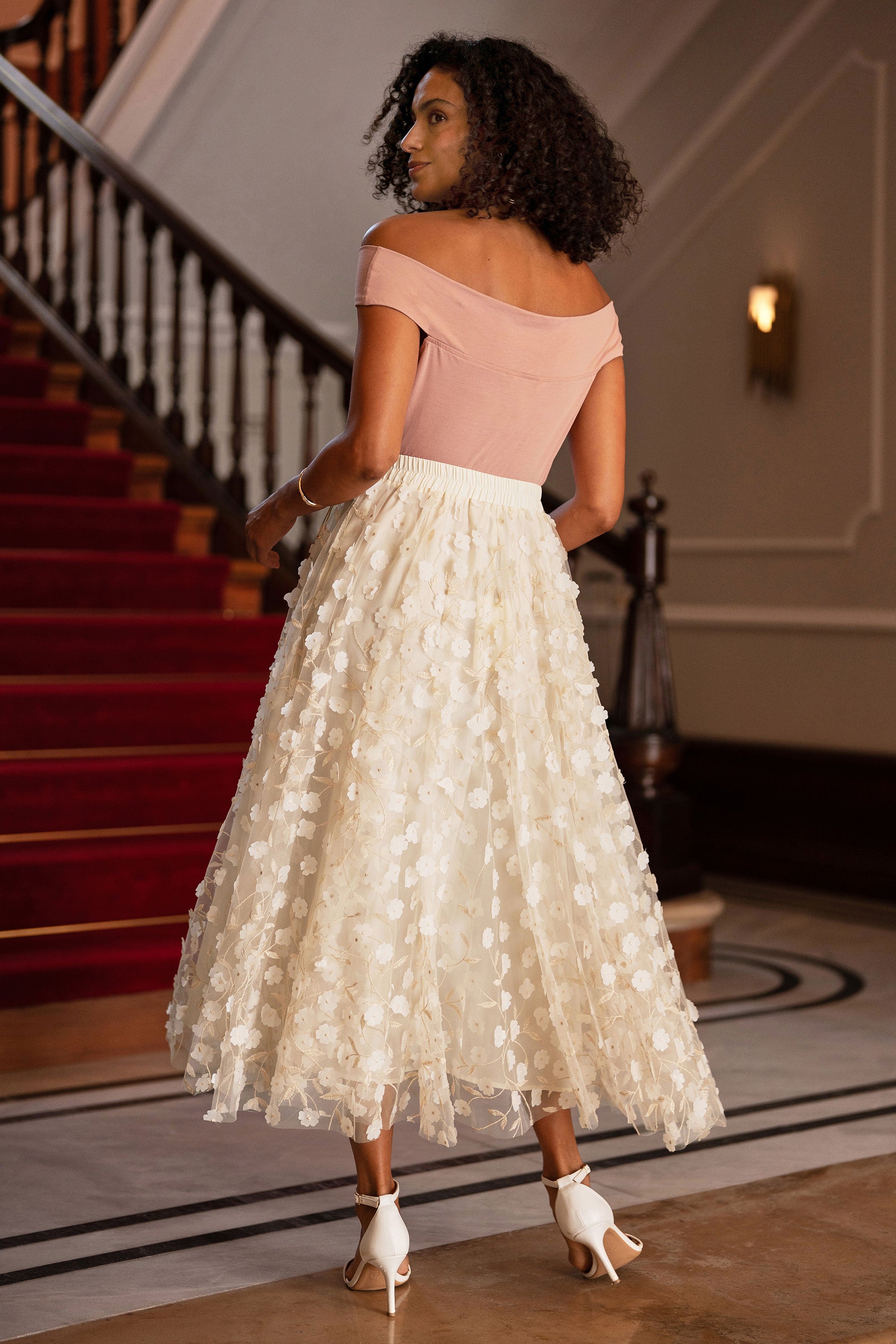 Yumi Ivory Mesh Floral Applique Midi Skirt - QHA UK