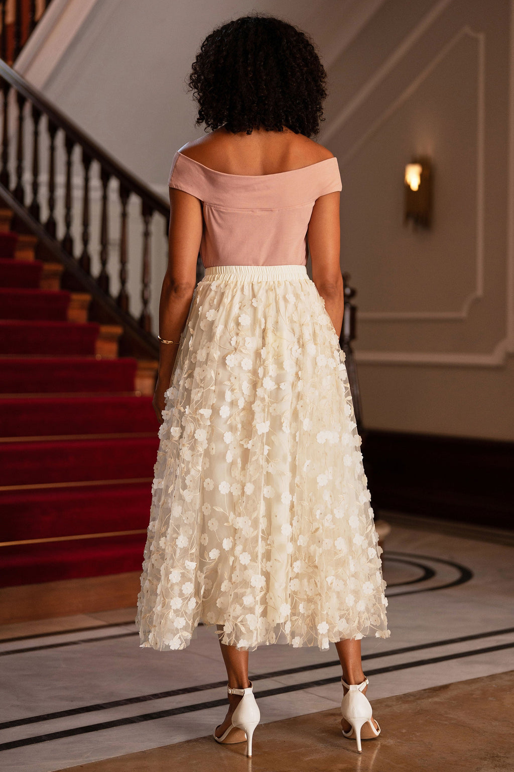 Yumi Ivory Mesh Floral Applique Midi Skirt - QHA UK