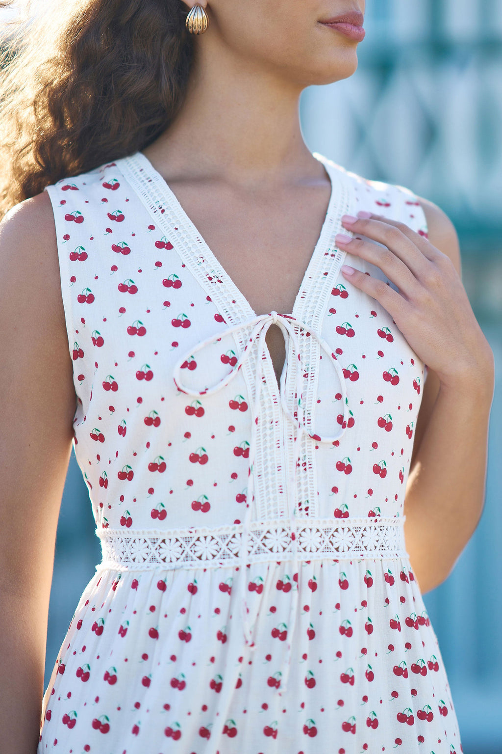 Yumi White Cherry Print Lace Trim Cotton Midi Dress - QHA UK