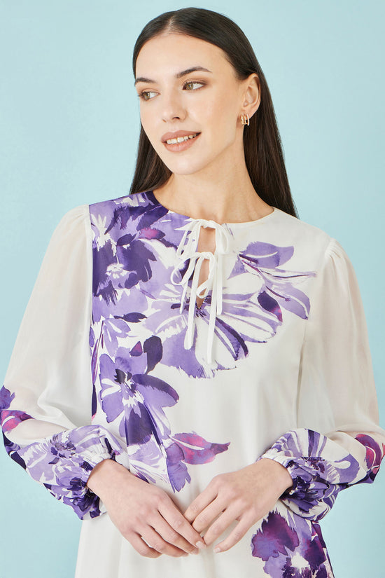 Yumi White Floral Placement Tunic With Keyhole Neckline - QHA UK