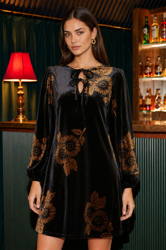 Yumi Women’s Black Velvet Sunflower Print Tie Neck Long Sleeve Tunic Dress