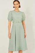 Yumi Mint Skater Dress With Puff Sleeves And Buckle Detail - QHA UK