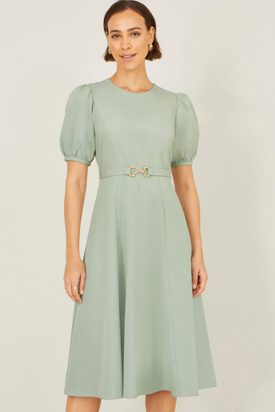 Yumi Mint Skater Dress With Puff Sleeves And Buckle Detail - QHA UK