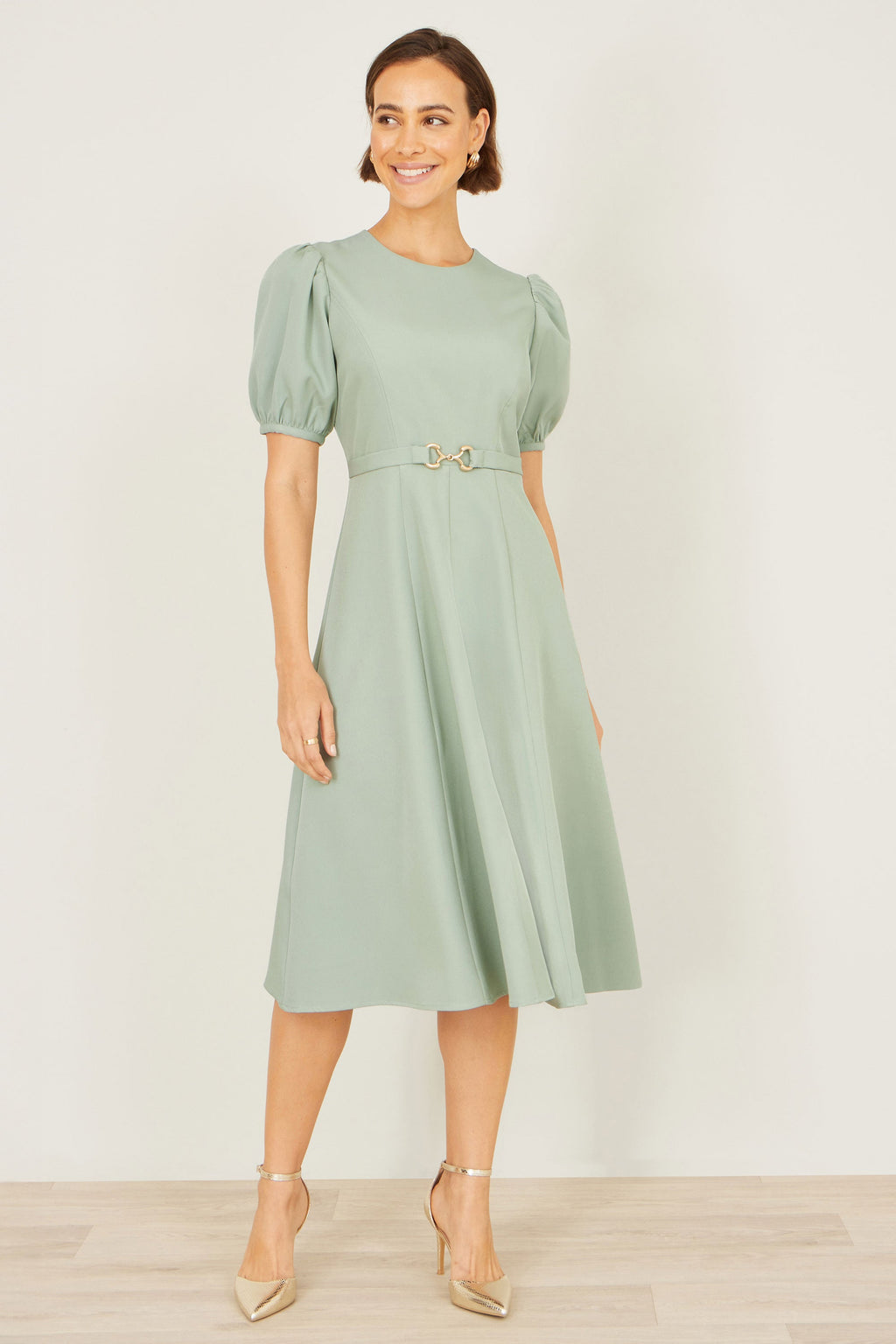Yumi Mint Skater Dress With Puff Sleeves And Buckle Detail