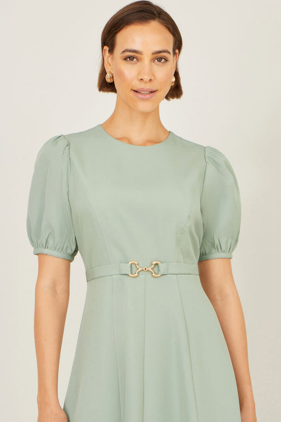 Yumi Mint Skater Dress With Puff Sleeves And Buckle Detail - QHA UK