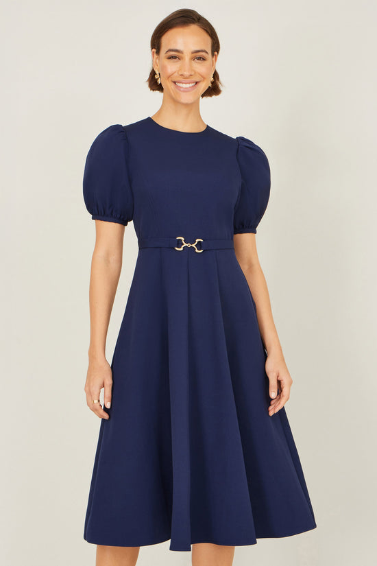 Yumi Navy Skater Dress With Puff Sleeves And Buckle Detail - QHA UK