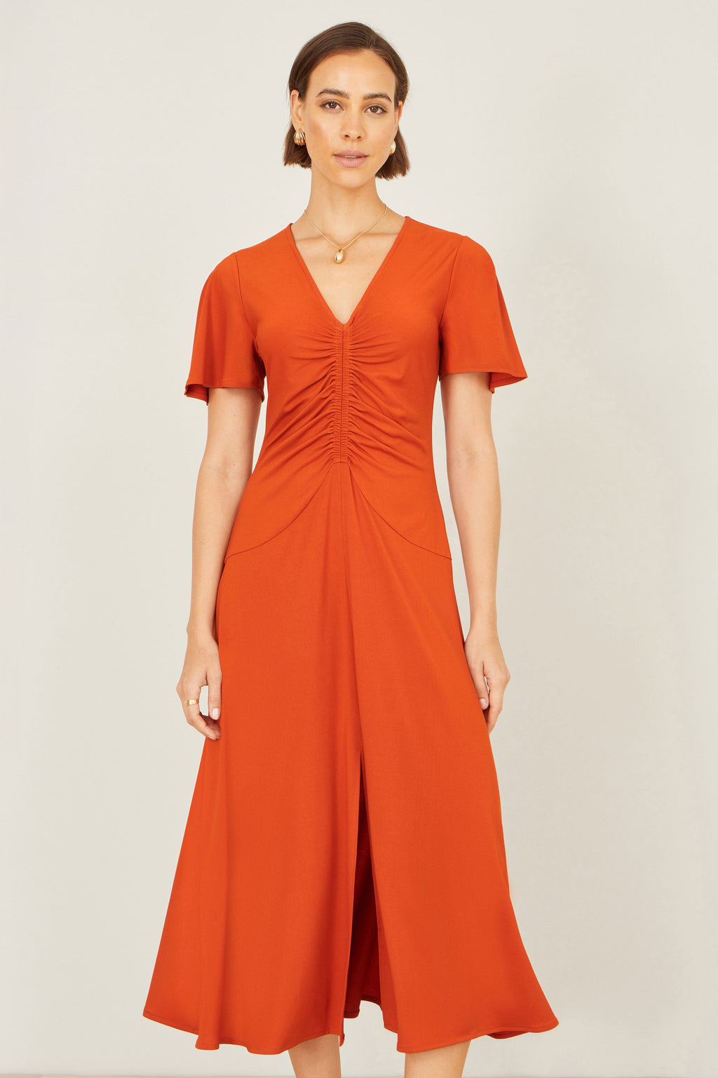 Yumi Orange Ruched Front Stretch Midi Dress - QHA UK