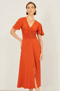Yumi Orange Ruched Front Stretch Midi Dress - QHA UK
