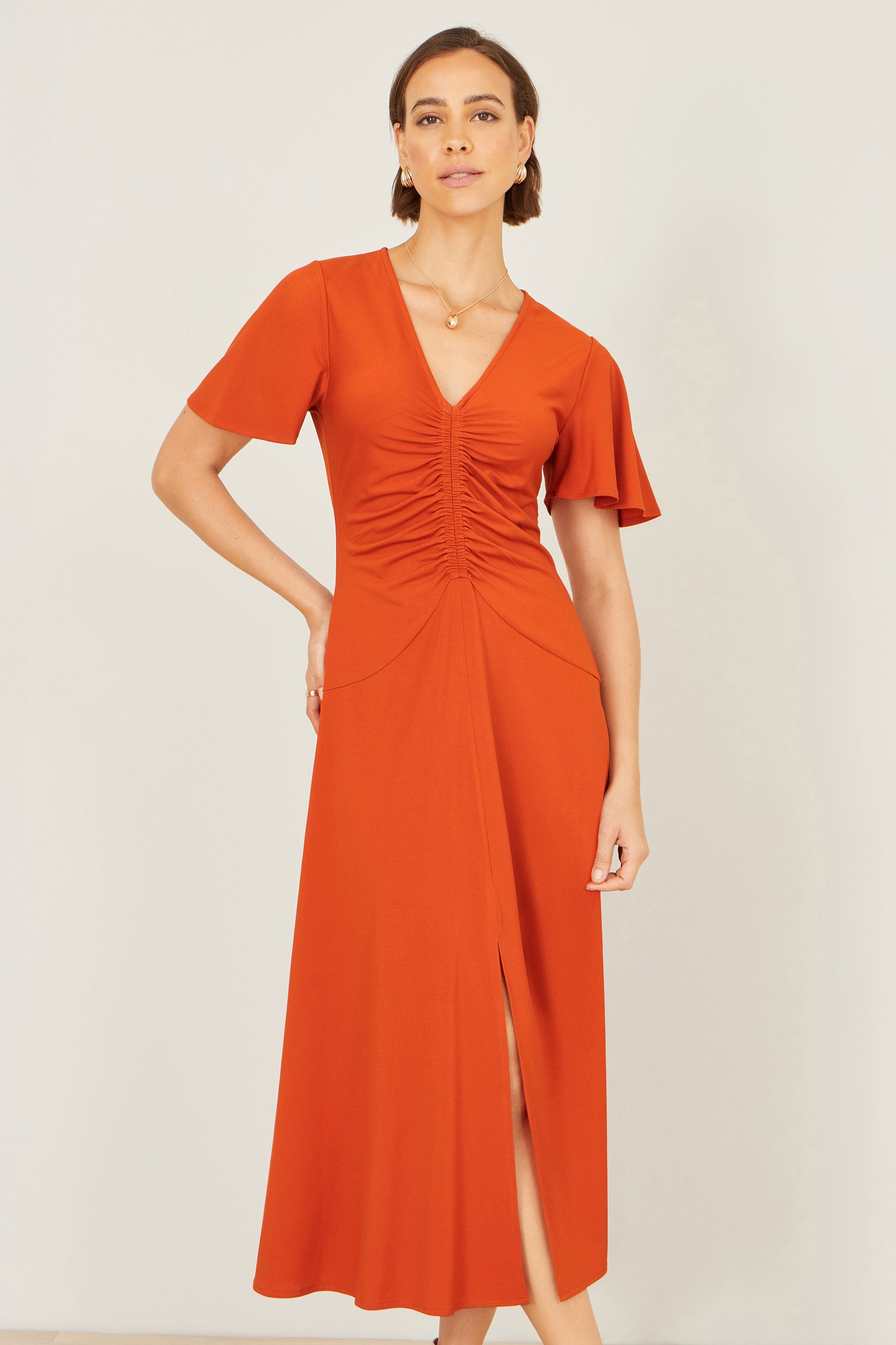 Yumi Orange Ruched Front Stretch Midi Dress - QHA UK