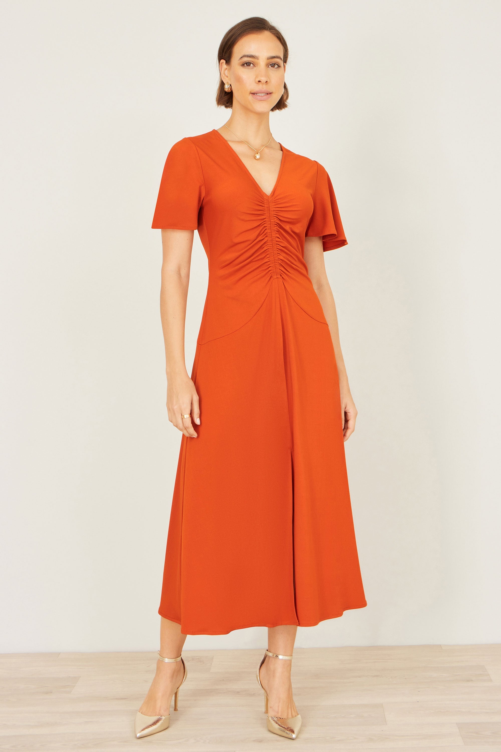 Yumi Orange Ruched Front Stretch Midi Dress - QHA UK