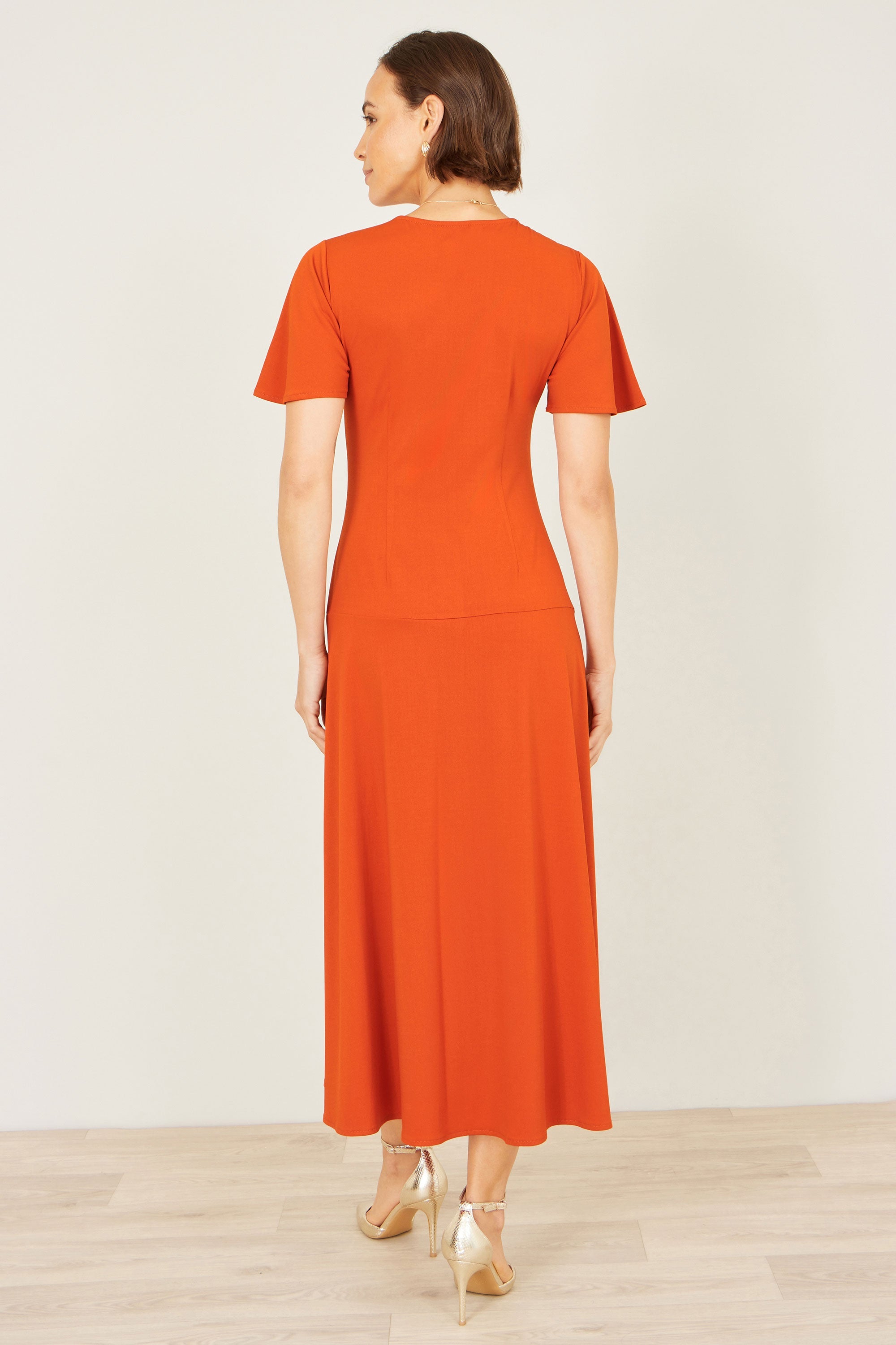 Yumi Orange Ruched Front Stretch Midi Dress - QHA UK