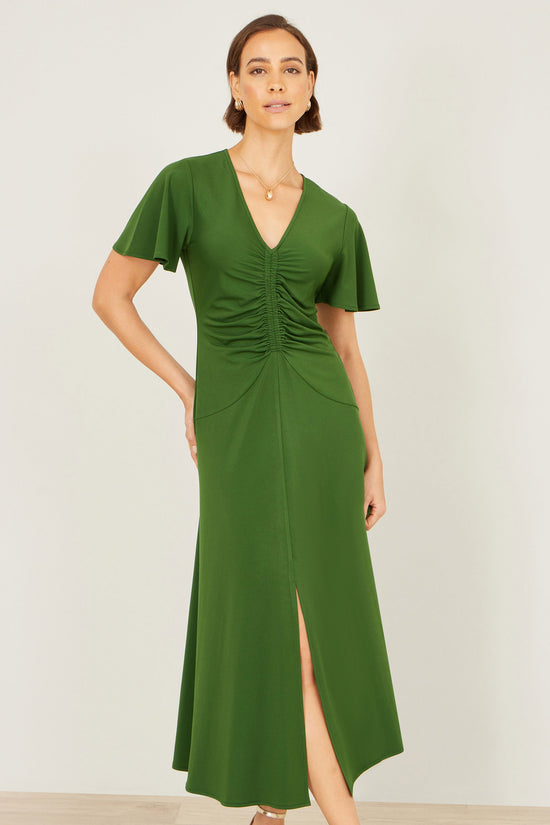 Yumi Green Ruched Front Stretch Midi Dress - QHA UK