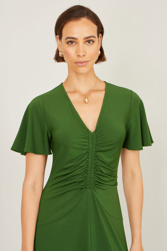 Yumi Green Ruched Front Stretch Midi Dress - QHA UK